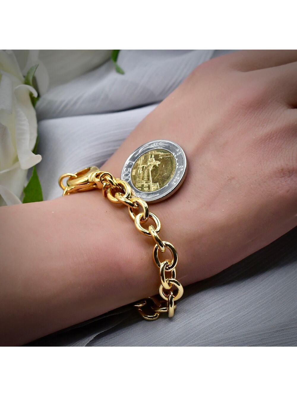 MILOR Italy Bronze 500 Lire Coin Bracelet 7.5” Gold+Silver Tone Lobster Claw